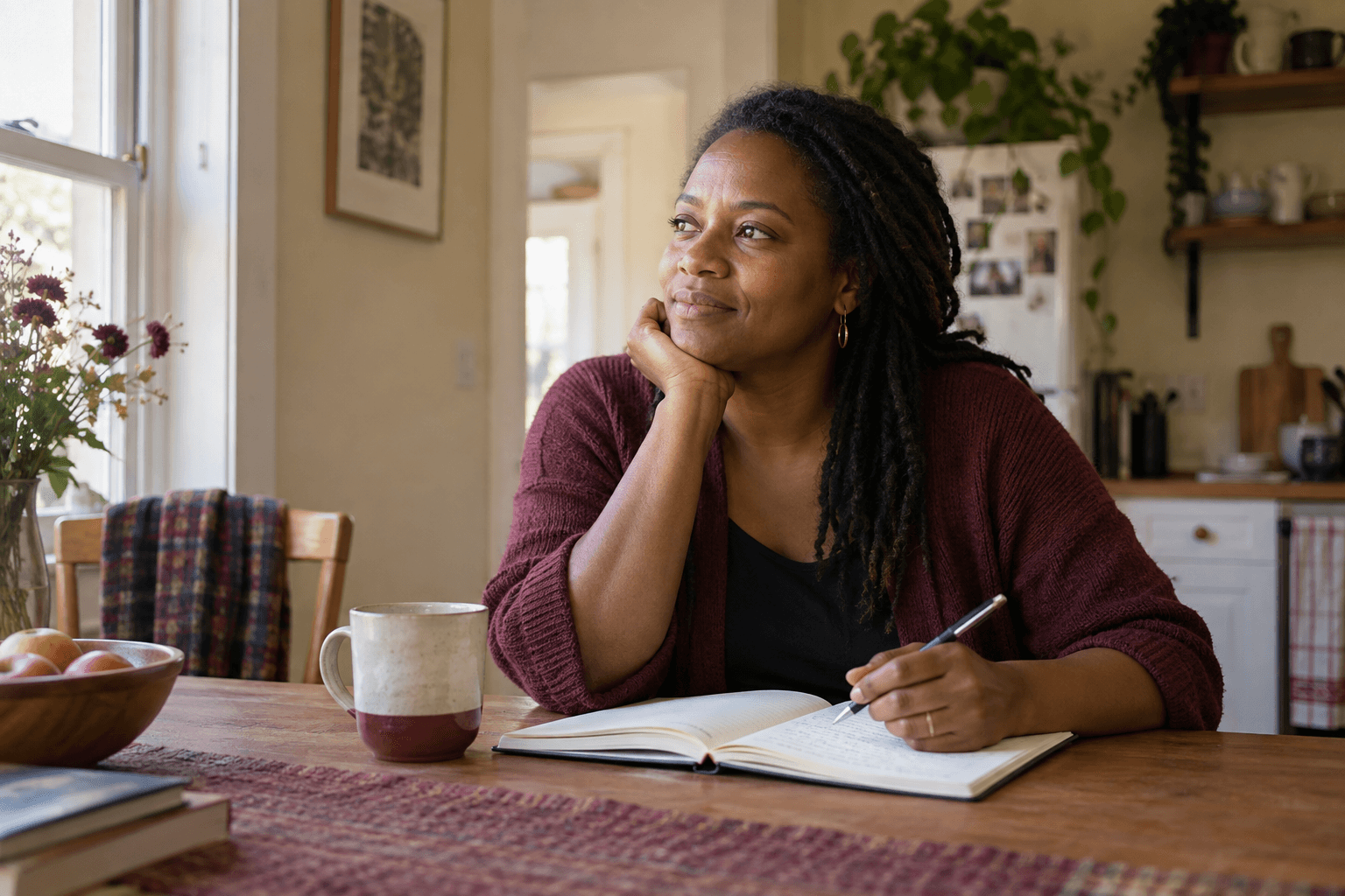 A woman pausing with a pen and open notebook at her kitchen table, looking towards the window