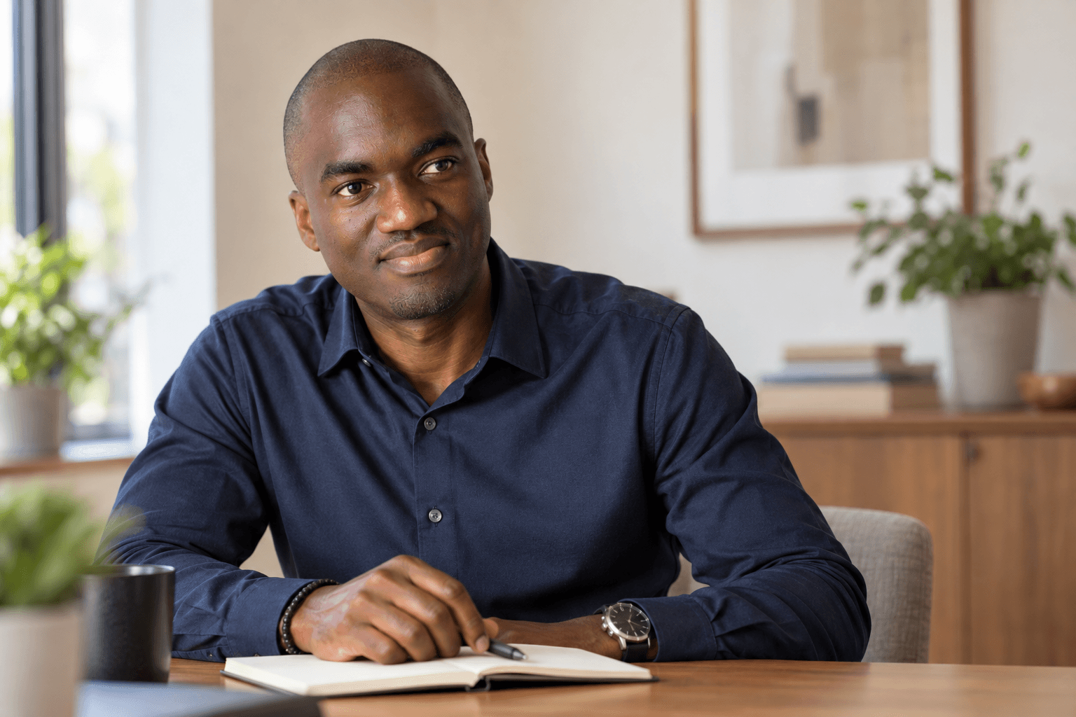 Portrait of Tunde Cole in a navy shirt, seated with an open notebook