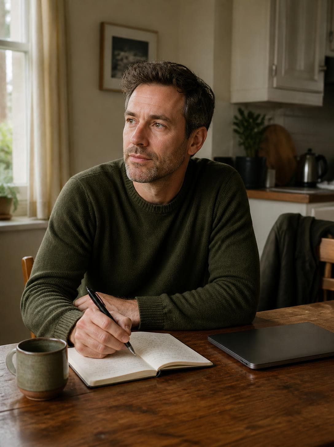 A person pausing over a notebook at a kitchen table beside a window