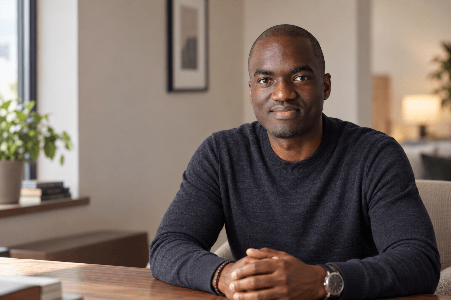 Portrait of Tunde Cole smiling in a charcoal jumper